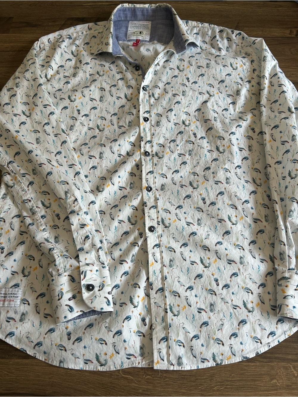 A Fish Named Fred African Crane Bird Print Button Down Shirt XL